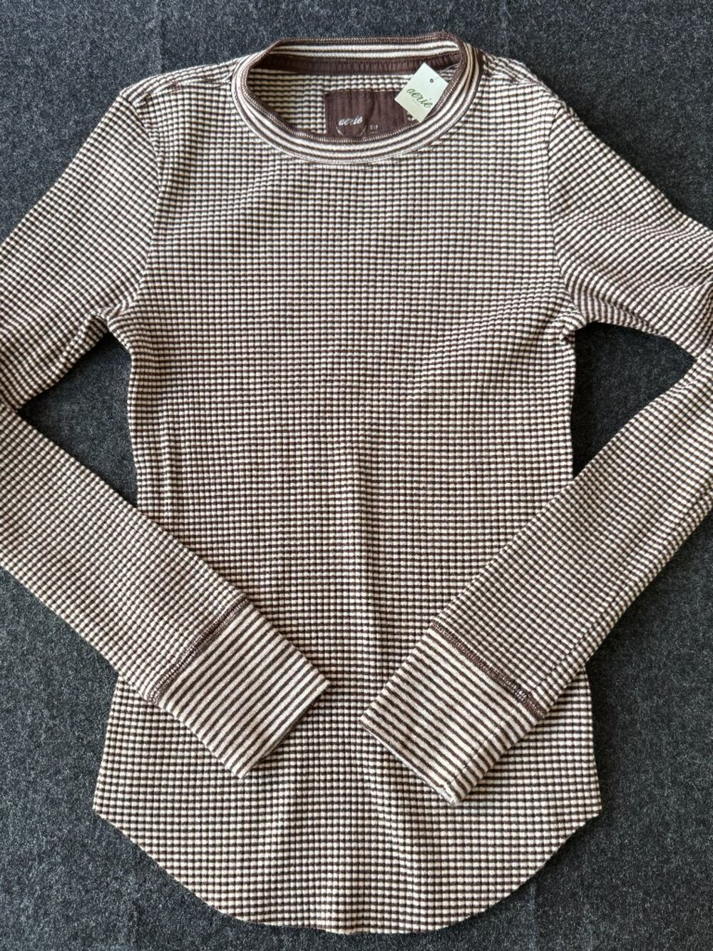 NWT Aerie Brown Metallic Striped Waffle Knit Thermal Top Small